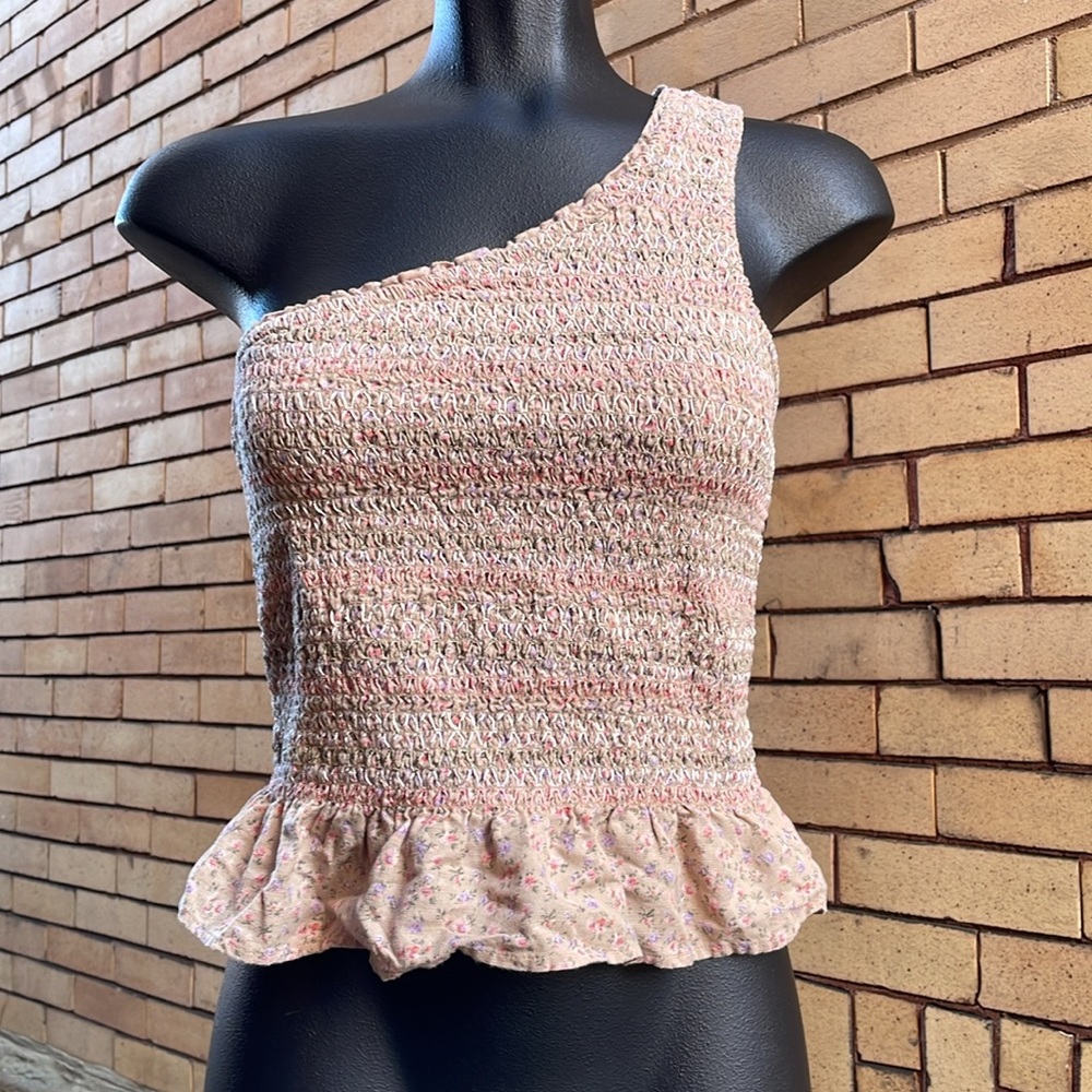American Eagle One Shoulder Smocked pink tan floral boho top Size Small